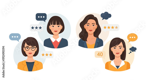Diverse group of women receiving feedback and ratings, illustrating customer satisfaction and performance evaluation in a business context.