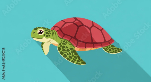 Cute cartoon sea turtle swimming in blue water.