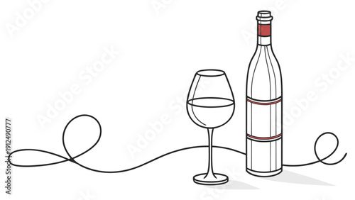 Minimalist line of a wine glass and wine bottle connected by a continuous looped line continuous line