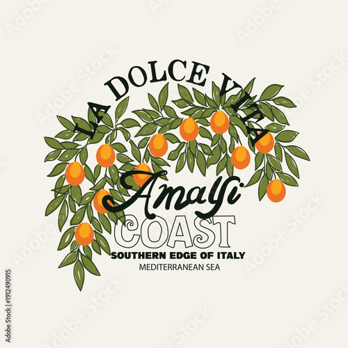 Amalfi lemons la dolce vita print design. vintage lemon artwork. summer fruit print graphics in vector. t-shirt design for Amalfi vibes. Italian lemon with beach vector. retro vintage beach art