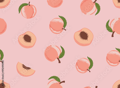 Hand drawn Fruit pattern. Peach fruit t-shirt print pattern designs, Tropical sweetness, Farmers market. summer Fruit stall t-shirt artwork. California Fruit Club, peach vector pattern background