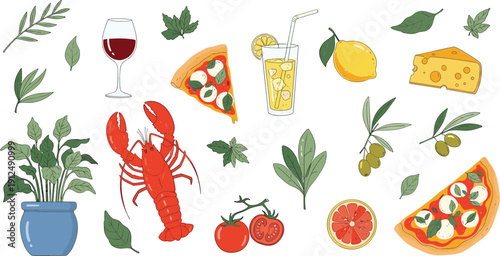 Mediterranean food and drink vector set with pizza lobster wine cheese olives and fresh ingredients illustration