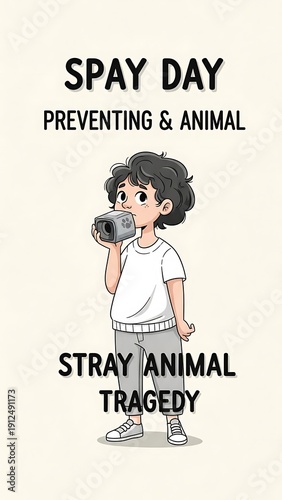 Cartoon illustration of a child holding a camera promoting spay day awareness