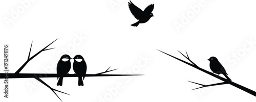 Black silhouettes of birds sitting on tree branches and flying isolated on white background, vector illustration, nature graphic design