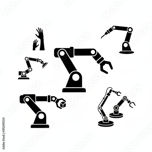 Collection of versatile vector icons depicting industrial robotic arms, symbolizing advanced automation, manufacturing efficiency, and future technology in modern factory production lines