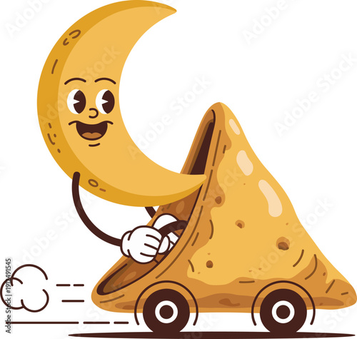 Cute Crescent Moon Mascot Character Driving a Samosa Car, Whimsical Islamic Ramadan and Eid Food Delivery Vector Illustration with Retro Cartoon Style