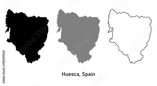 Map of Huesca, a province in Spain. Map with various styles of outlines, black and gray.