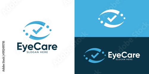 Creative simple eye care logo template. Abstract eye with tick checkmark, optic care logo design vector illustration.