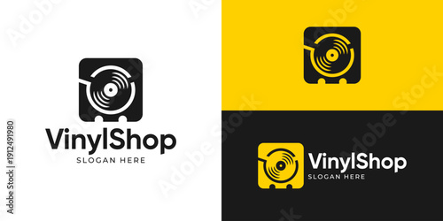 Creative simple vinyl shop logo template. Abstract shopping cart with vinyl disc for music store logo design vector illustration.