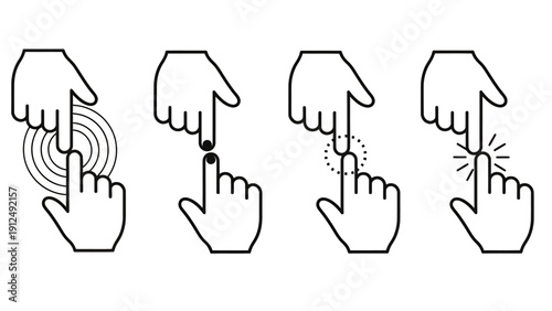 Sequential hand gesture icons demonstrating tapping and swiping interactions for touch interfaces.
