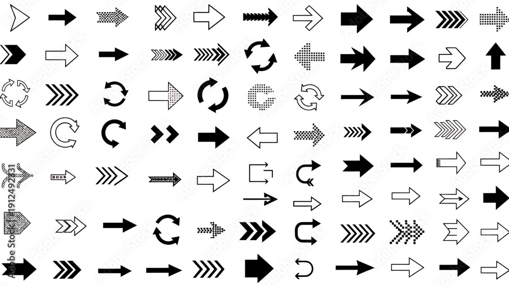 Naklejka premium Collection of various directional arrows in different styles and orientations for design elements.