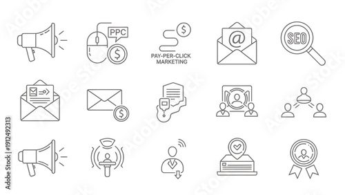 Collection of line icons depicting communication, devices, and digital tools for graphic design and UI resources.