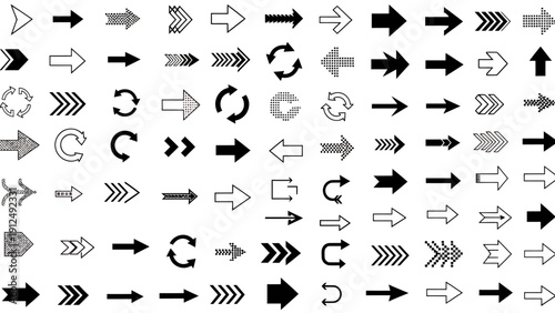 Collection of various directional arrows in different styles and orientations for design elements.