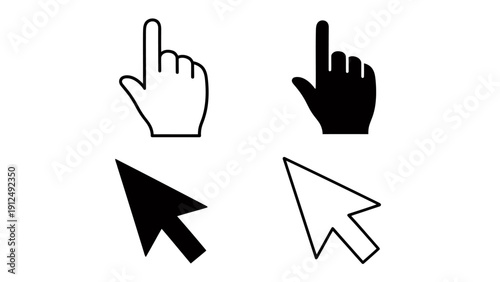 Collection of computer cursor icons in black and white styles featuring hand and arrow pointers.