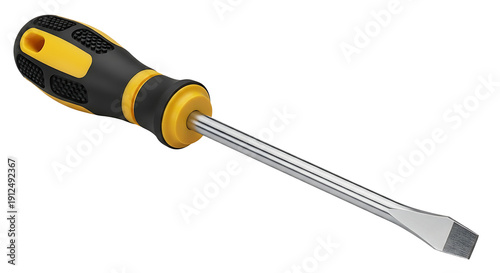 Yellow and black screwdriver with flathead on white background for diy and repair tasks