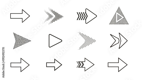 Collection of grayscale arrow icons in various directions and geometric styles for graphic design.