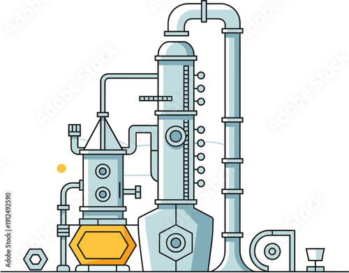 Industrial Processing Plant and Chemical Refining Equipment, Modern Line Art Vector Illustration of Laboratory Distillation and Manufacturing Machinery