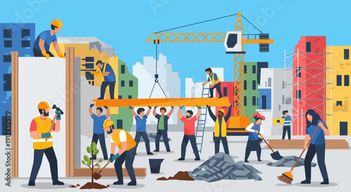 Construction Workers Building City Structures.