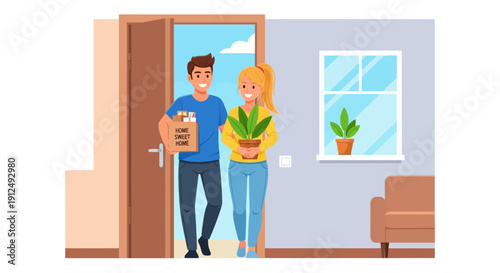 Couple Entering Home with Potted Plants.