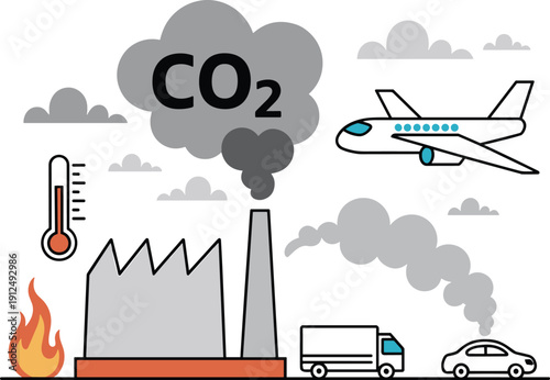 Industrial Pollution and Carbon Dioxide Emissions Infographic, Climate Change Concept Vector Illustration with Factory Smoke and Global Warming