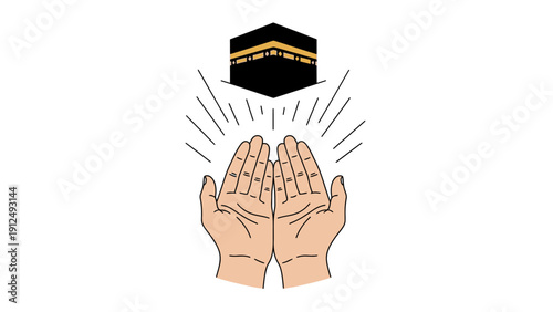 Illustration of hands in prayer towards the Kaaba, or Mekkah, with a stylized black and gold cube above, against a clean white background.