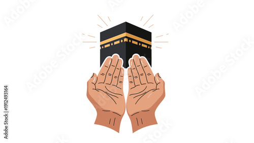 Illustration of hands cupped around the Kaaba in Mekkah with radiant lines, on a clean white background.
