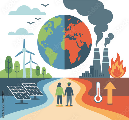 Global Warming and Climate Change Concept Illustration, Comparison of Renewable Energy vs Industrial Pollution and Environmental Destruction Vector