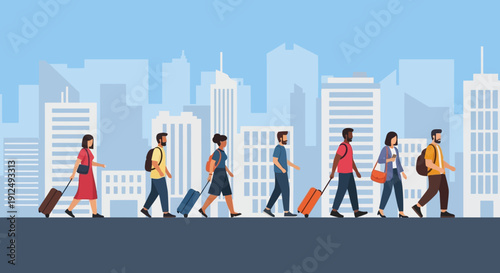 Diverse People Walking with Luggage in City.