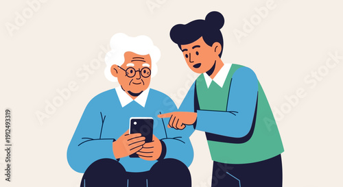 Elderly Man Using Smartphone with Young Woman.