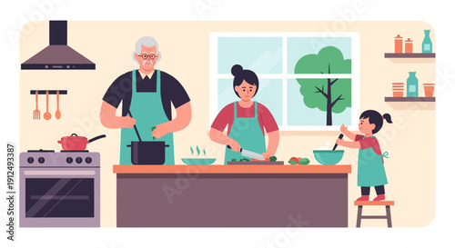 Family Cooking Together in Modern Kitchen.