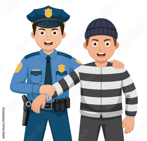 Police Officer Character Arresting Criminal in Striped Jumper, Law Enforcement Professional Apprehending Thief Cartoon Vector Illustration