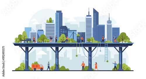 Futuristic Cityscape with Elevated Green Infrastructure.