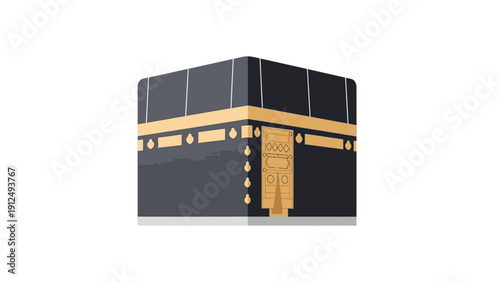 The Kaaba, a black cube with gold trim, stands prominently against a clean white background, showcasing its intricate details and cultural significance.