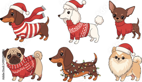 Winter canine holiday vector set with dogs in Santa hats sweaters and Christmas lights for seasonal pet branding