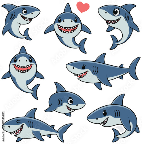 Cute Blue Shark Cartoon Character Sticker Set, Friendly Shark Mascot in Multiple Poses and Expressions, Ocean Life Vector Bundle