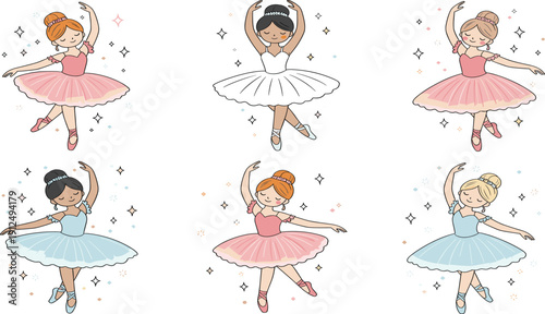 Human ballerina vector illustration set with diverse dancers in pink and blue tutus for dance studio branding and theater decor