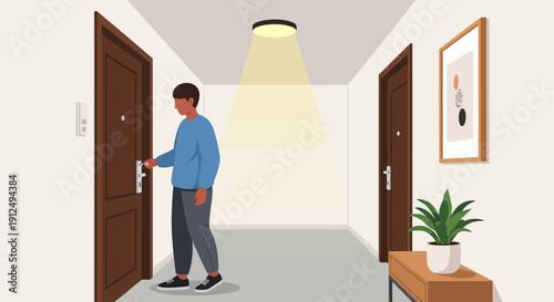 Man Entering Room through Open Doorway.