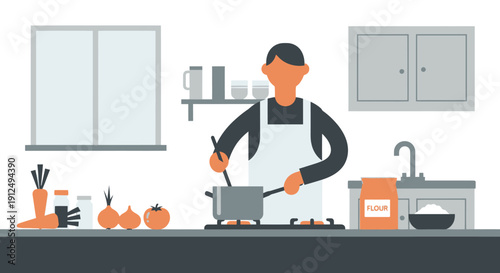 Man Cooking in Modern Kitchen Illustration.