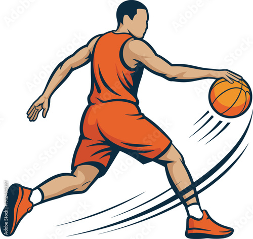 Professional Basketball Player Dribbling Ball Action, Modern Comic Style Vector Illustration of Athlete in Motion