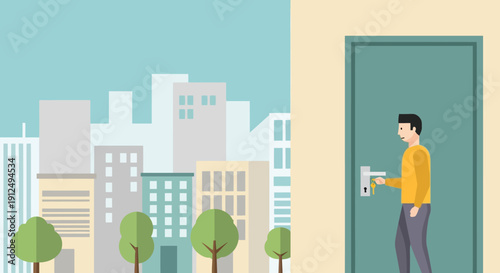 Man Standing at Doorway with Card.