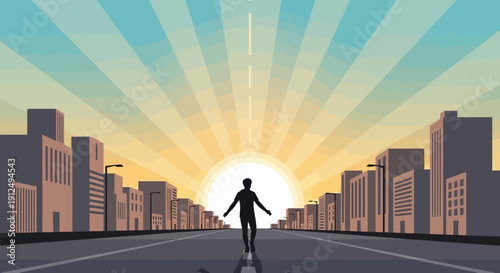 Man Skateboarding Down Empty City Road.