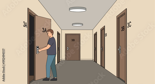 Man Standing in Hotel Corridor Opening Door.