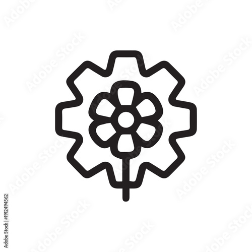 Black Line Icon Of A Flower Inside A Gear For Eco Technology Concepts