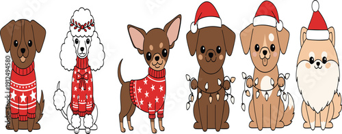Christmas puppy vector illustration set with dogs in holiday sweaters Santa hats and Christmas lights for winter branding