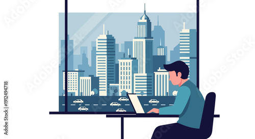 Man Working on Laptop at Desk.