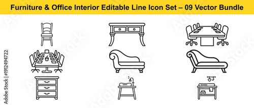 Furniture and office interior editable line icons set for design  vector bundle