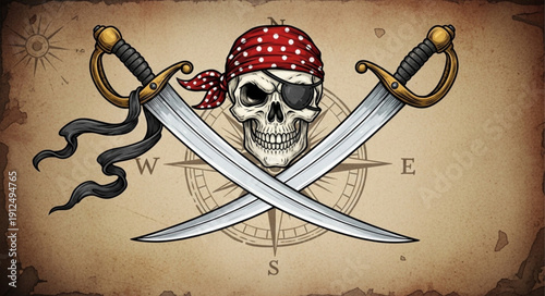 Pirate Skull and Crossbones with Swords and Compass Rose.