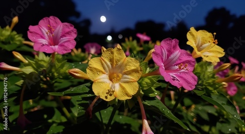 Colorful Four OClocks Blooming Under the Night Sky.