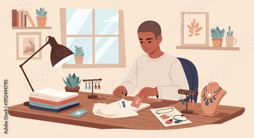 Man Writing at Desk with Stationery.