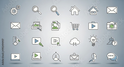 Collection of Hand Drawn Icons Representing Digital Concepts.